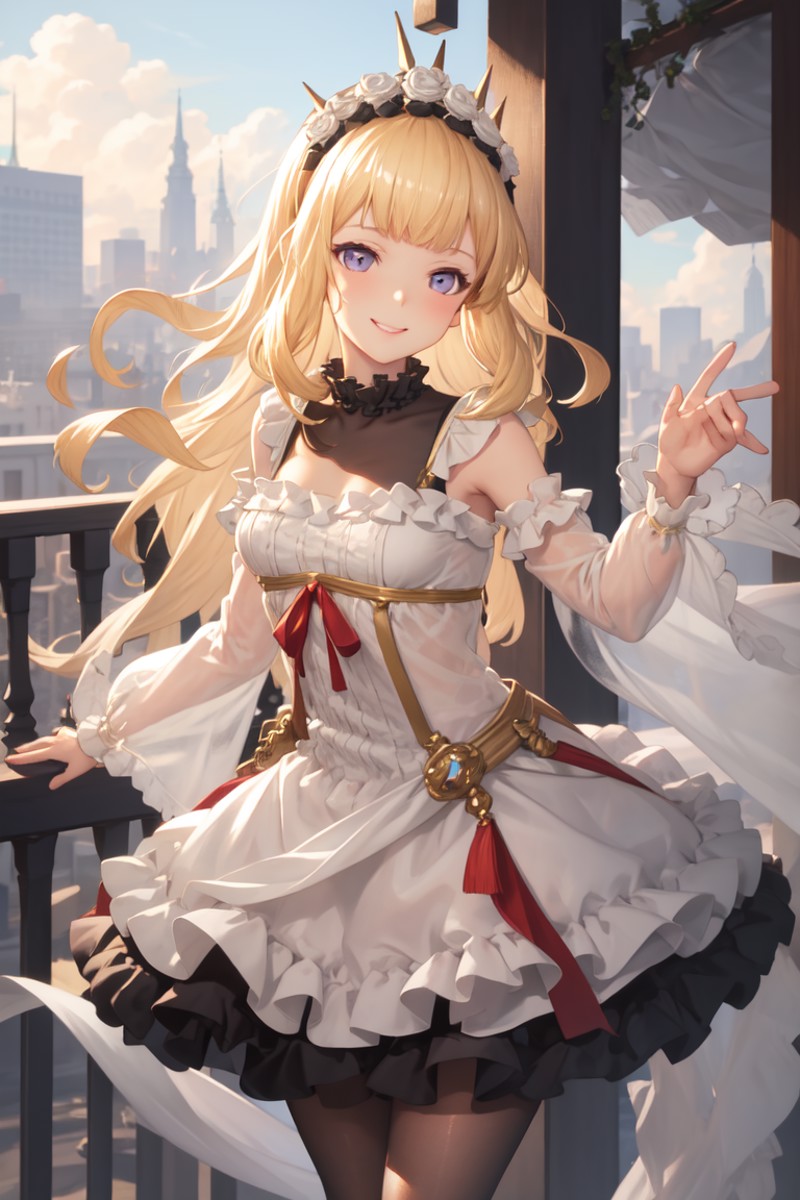 masterpiece, best quality, absurdres, perfect anatomy, 1girl, solo, Cagliostro, long hair, CagliostroGrand, white dress, l...